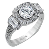 This impressive white gold ring features .43 ctw emerald cut side diamonds and is accented with .38 ctw round cut diamonds.