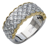 Presenting an arresting design in white gold, this band is set with 2.77 ctw of princess of white diamonds in an eye-catching setting highlighted by yellow gold accents.