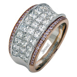This contemporary two-tone band is set with a triple row of 2.45 ctw princess cut white diamonds silhouetted by .19 ctw round yellow diamond accents.