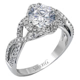 Set with .35 ctw of arresting round cut white diamonds, this lovely white gold engagement ring features a memorable intertwined design on the band.