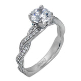 This exquisite white contemporary engagement ring features a delicate twist design on the band accented by .22 ctw of sparkling round cut white diamonds.