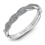 This impressive white gold band is accented by a remarkable twist design set with .24 ctw of dazzling round cut white diamonds.