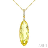 22X8 MM Oval Shape Lemon Quartz and 1/20 Ctw Round Cut Diamond Semi-Precious Pendant With Chain in 14K Yellow Gold