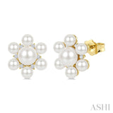 3MM & 5.5MM White Cultured Pearl and 1/10 Ctw Floral Round Cut Diamond Fashion Earrings in 10K Yellow Gold