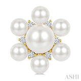 3MM & 5.5MM White Cultured Pearl and 1/10 Ctw Floral Round Cut Diamond Fashion Earrings in 10K Yellow Gold