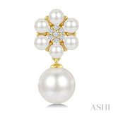 3MM & 7MM White Cultured Pearl and 1/10 Ctw Floral Round Cut Diamond Fashion Earrings in 10K Yellow Gold