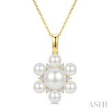 4MM & 7MM White Cultured Pearl and 1/10 Ctw Floral Round Cut Diamond Fashion Pendant With Chain in 10K Yellow Gold