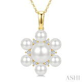 4MM & 7MM White Cultured Pearl and 1/10 Ctw Floral Round Cut Diamond Fashion Pendant With Chain in 10K Yellow Gold