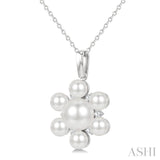 4MM & 7MM White Cultured Pearl and 1/10 Ctw Floral Round Cut Diamond Fashion Pendant With Chain in 10K White Gold