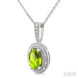 7X5 MM Oval Shape Peridot and 1/50 Ctw Round Cut Diamond Semi-Precious Pendant With Chain in Sterling Silver