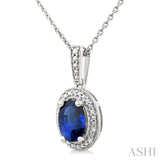 7X5 MM Oval Shape Lab-Created Sapphire and 1/50 Ctw Round Cut Diamond Precious Pendant With Chain in Sterling Silver