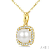 6 MM Cultured Pearl and 1/10 Ctw Round Cut Diamond Petite Cushion Shaped Fashion Pendant With Chain in 10K Yellow Gold