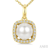 6 MM Cultured Pearl and 1/10 Ctw Round Cut Diamond Petite Cushion Shaped Fashion Pendant With Chain in 10K Yellow Gold