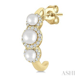 3MM & 4MM Cultured Pearl and 1/4 Ctw Round Cut Diamond Halo Half Hoop Earrings in 14K Yellow Gold