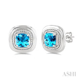 6 MM Cushion Shape Blue Topaz and 1/20 Ctw Round Cut Diamond Semi-Precious Earrings in Sterling Silver