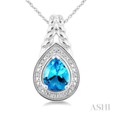 9X6MM Pear Cut Blue Topaz and 1/20 Ctw Round Cut Diamond Semi-Precious Pendant With Chain in Sterling Silver