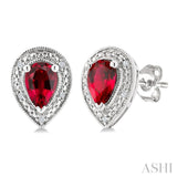 6X4 MM Pear Shape Lab-Created Ruby and 1/50 Ctw Round Cut Diamond Precious Earrings in Sterling Silver