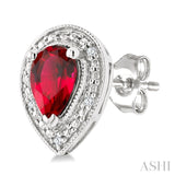 6X4 MM Pear Shape Lab-Created Ruby and 1/50 Ctw Round Cut Diamond Precious Earrings in Sterling Silver
