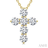 3/4 Ctw Round Cut Diamond Christian Cross 6-Stone Fashion Pendant With Chain in 14K Yellow Gold