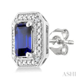 6X4 MM Octagon Shape Lab-Created Sapphire and 1/50 Ctw Round Cut Diamond Precious Earrings in Sterling Silver