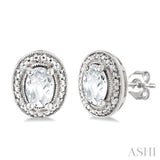 6X4 MM Oval Shape White Topaz and 1/50 Ctw Round Cut Diamond Semi-Precious Earrings in Sterling Silver