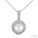 7MM Cultured Pearl and 1/50 Ctw Round Cut Diamond Halo Pendant With Chain in Sterling Silver