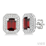 6X4 MM Octagon Shape Garnet and 1/50 Ctw Round Cut Diamond Semi-Precious Earrings in Sterling Silver
