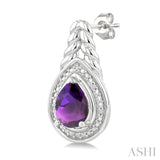 8X5MM Pear Cut Amethyst and 1/20 Ctw Round Cut Diamond Semi-Precious Earrings in Sterling Silver