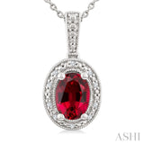 7X5 MM Oval Shape Lab-Created Ruby and 1/50 Ctw Round Cut Diamond Precious Pendant With Chain in Sterling Silver