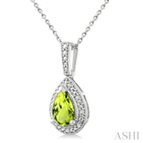7X5 MM Pear Shape Peridot and 1/50 Ctw Round Cut Diamond Semi-Precious Pendant With Chain in Sterling Silver