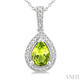 7X5 MM Pear Shape Peridot and 1/50 Ctw Round Cut Diamond Semi-Precious Pendant With Chain in Sterling Silver
