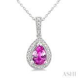 7X5 MM Pear Shape Lab-Created Pink Sapphire and 1/50 Ctw Round Cut Diamond Precious Pendant With Chain in Sterling Silver