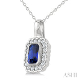 6X4 MM Octagon Shape Sapphire and 1/5 Ctw Round Cut Diamond Bold Precious Pendant With Chain in 10K White Gold