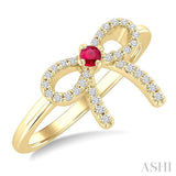 2.40 MM Round Shape Ruby and 1/8 Ctw Round Cut Diamond Bow Petite Precious Fashion Ring in 10K Yellow Gold