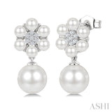 3MM & 7MM White Cultured Pearl and 1/10 Ctw Floral Round Cut Diamond Fashion Earrings in 10K White Gold