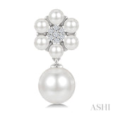 3MM & 7MM White Cultured Pearl and 1/10 Ctw Floral Round Cut Diamond Fashion Earrings in 10K White Gold