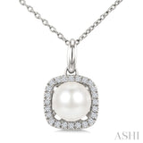 6 MM Cultured Pearl and 1/10 Ctw Round Cut Diamond Petite Cushion Shaped Fashion Pendant With Chain in 10K White Gold