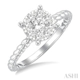 1/2 Ctw Lovebright Circular Shape Rope Textured Shank Round Cut Diamond Cluster Ring in 14K White Gold