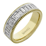 This two-tone right hand ring has a ribbed yellow gold band and sparkles with a row of baguette diamonds 1.0.7 ctw, accented by a delicate white gold beaded channel.