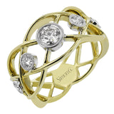 18K two tone right hand ring has an open weave design and boasts bezel set diamonds 0.60 ctw. that appear to be floating atop this ring