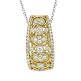 This 18K yellow gold diamond pendant features clusters of diamonds 0.53 ctw set in gold oval bezels, and suspended on a white gold 18 chain