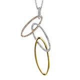 Interlocking ovals crafted in three tones of 18k gold cascade down this fashion pendant, set with .31 ctw of white diamonds.