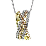 The abstract, contemporary design of this pendant shows off its three-tone gold with subtle filigree details and .41 ctw of round white diamonds.
