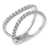 This distinctive bridal set design features a double-layer wedding band that fits around the engagement ring. The set contains .77 ctw of white diamonds.