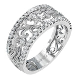 This vintage-inspired 18k white gold band features a detailed, floral design bordered by .52 ctw of white round brilliant diamonds.