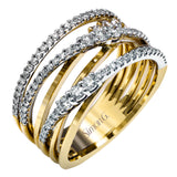 The intertwined design of this modern white and rose gold ring is highlighted by .66 ctw of round cut white diamonds.