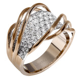 This unique two-toned ring design contains 1.40 ctw of white diamonds pave set in to 18k white gold, overlaid by organic bands of 18k rose gold.