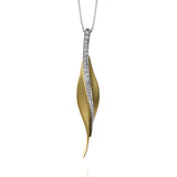 Featuring a contemporary leaf-like design, this striking yellow gold pendant contains a brilliant pilaster of .13 ctw shimmering round cut white diamonds.