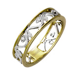 An intricate floral design highlights this classic white and yellow gold ring accentuated by .04 ctw of elegant round cut white diamonds.