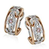 The intricate floral design of these elegant two-tone classic style earrings is accentuated by .04 ctw of round cut yellow diamonds and .23 ctw of round cut white diamonds in an arresting yellow and rose gold setting.